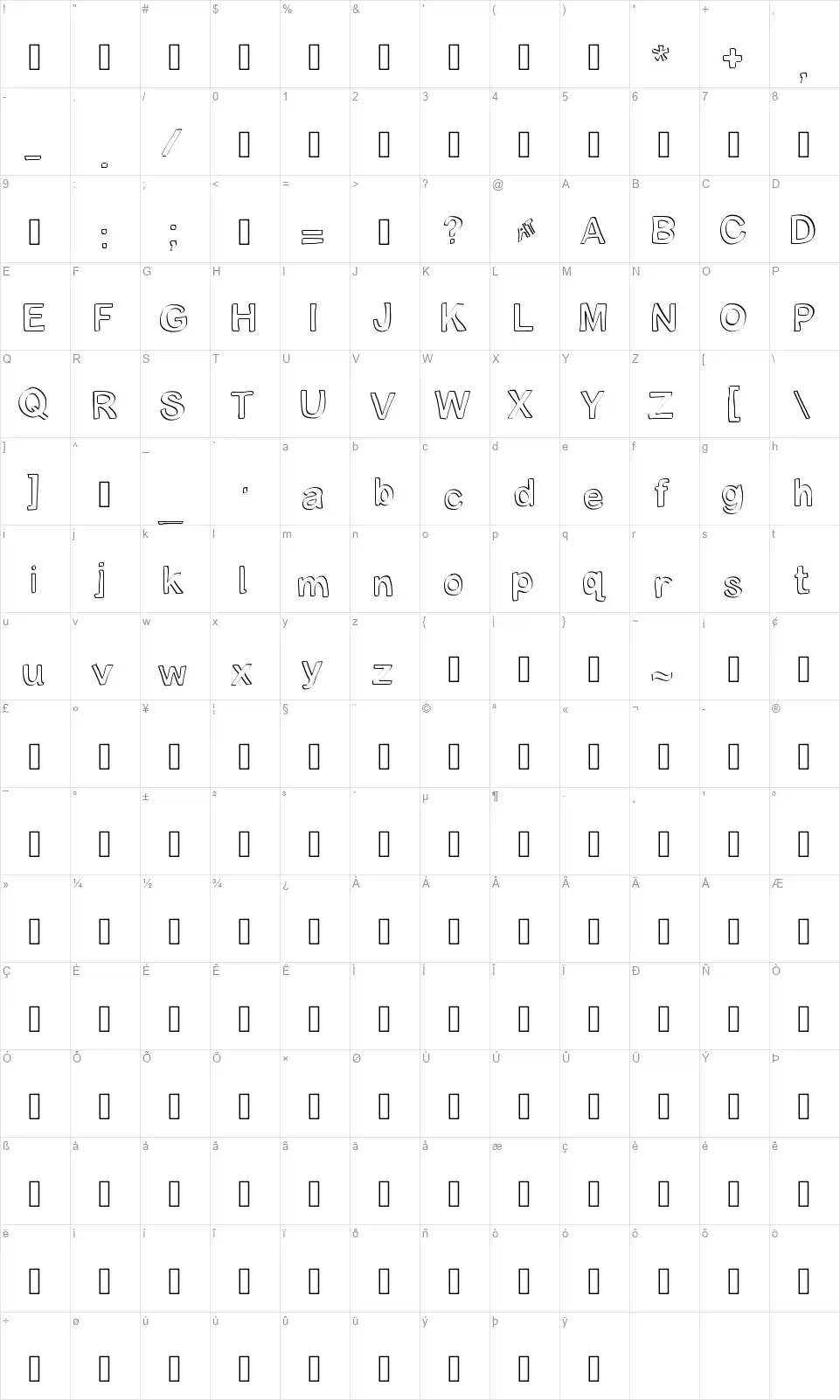 Byron Blockfont character map