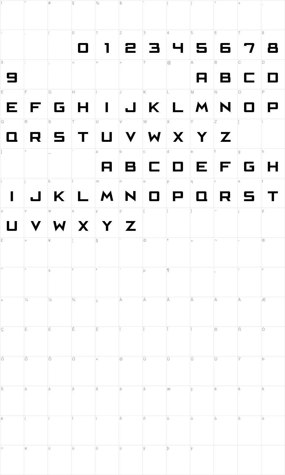Cafe Nero M54font character map