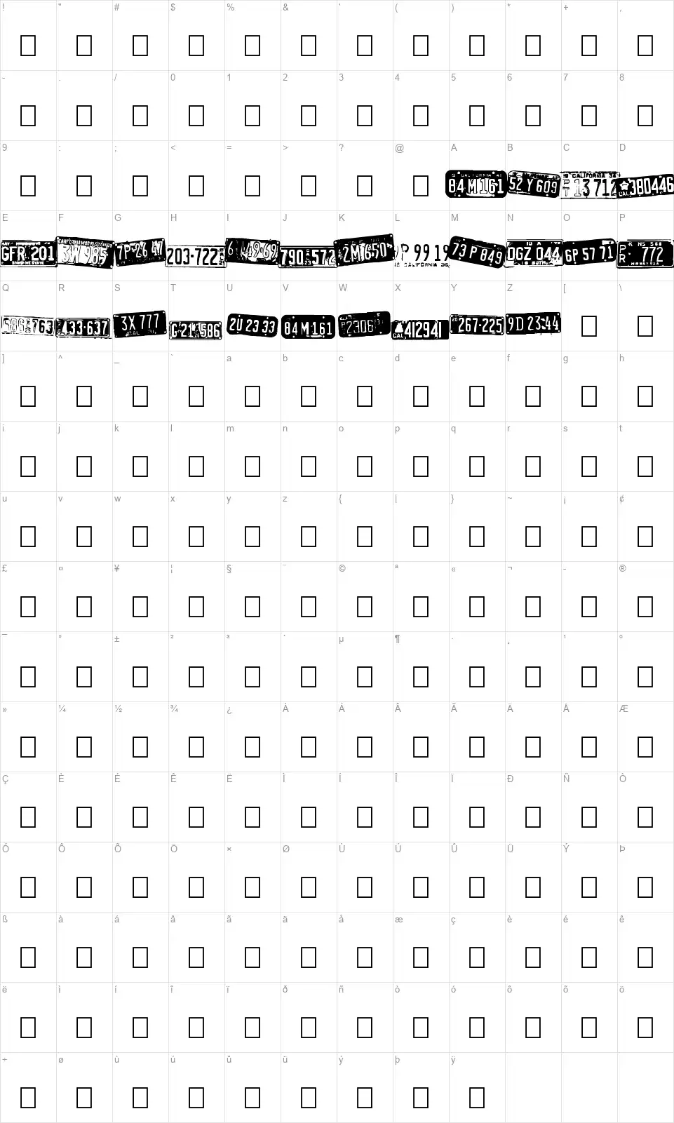 Californian carsfont character map