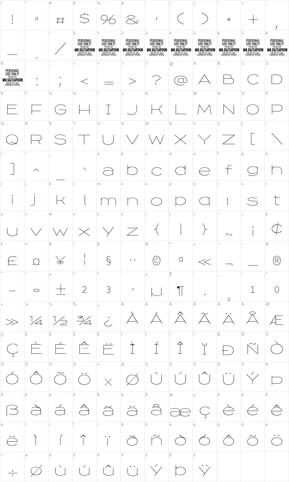 Capoonfont character map