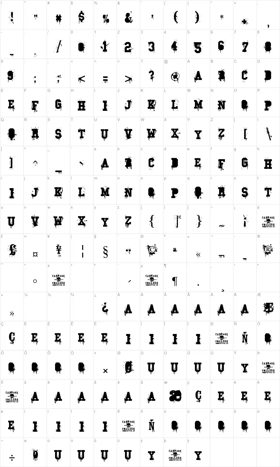 Carnage Collegefont character map
