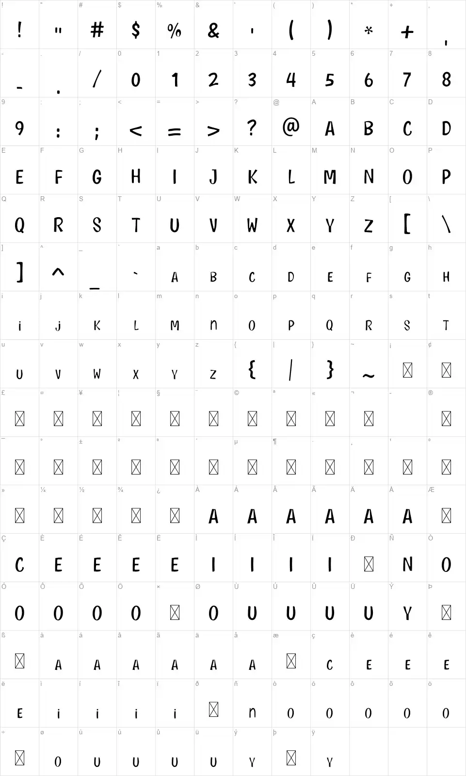 Cartoon Academyfont character map