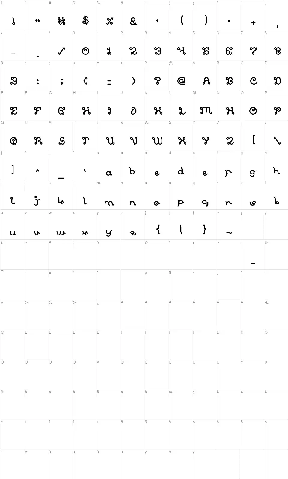 Celestial Lovefont character map