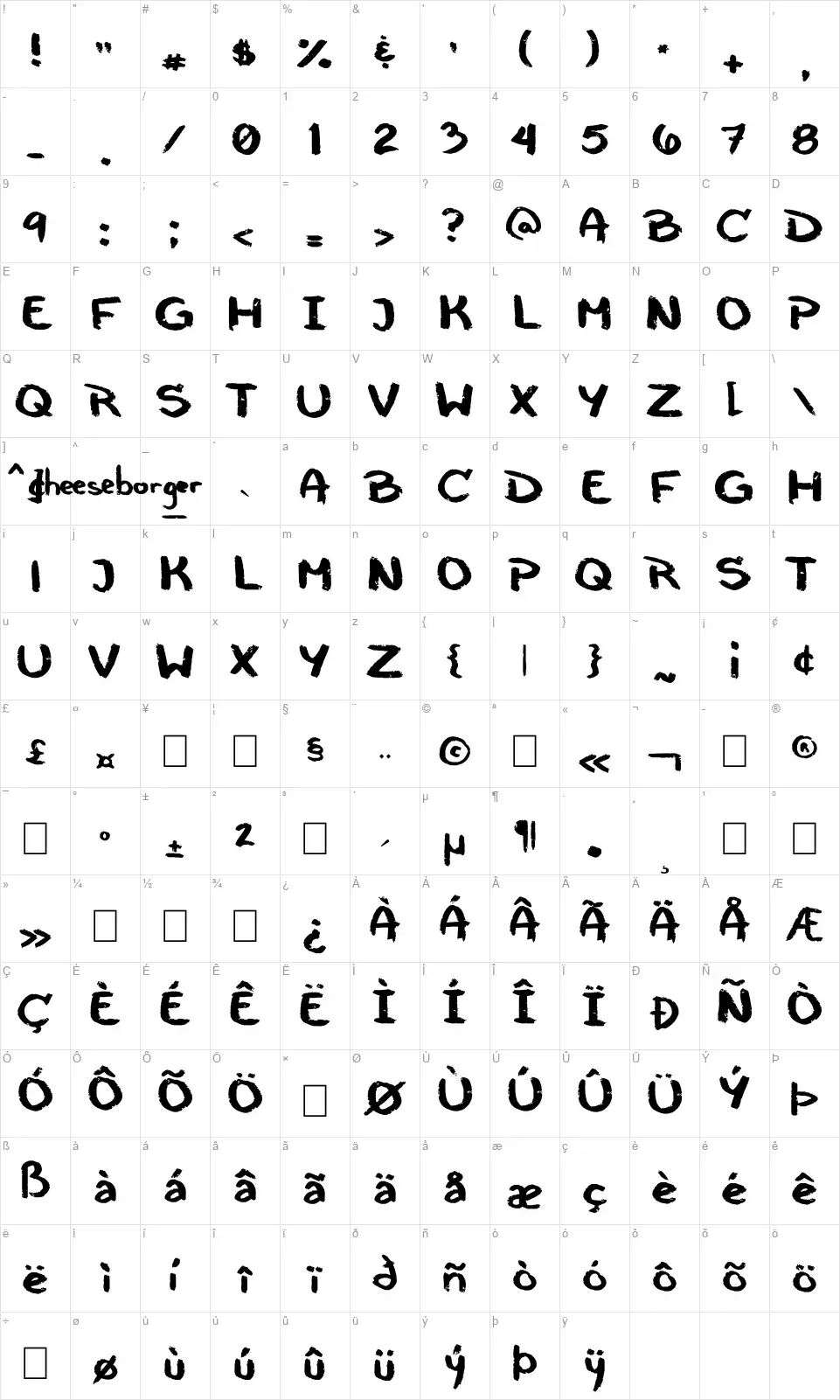 Cheeseborgerfont character map