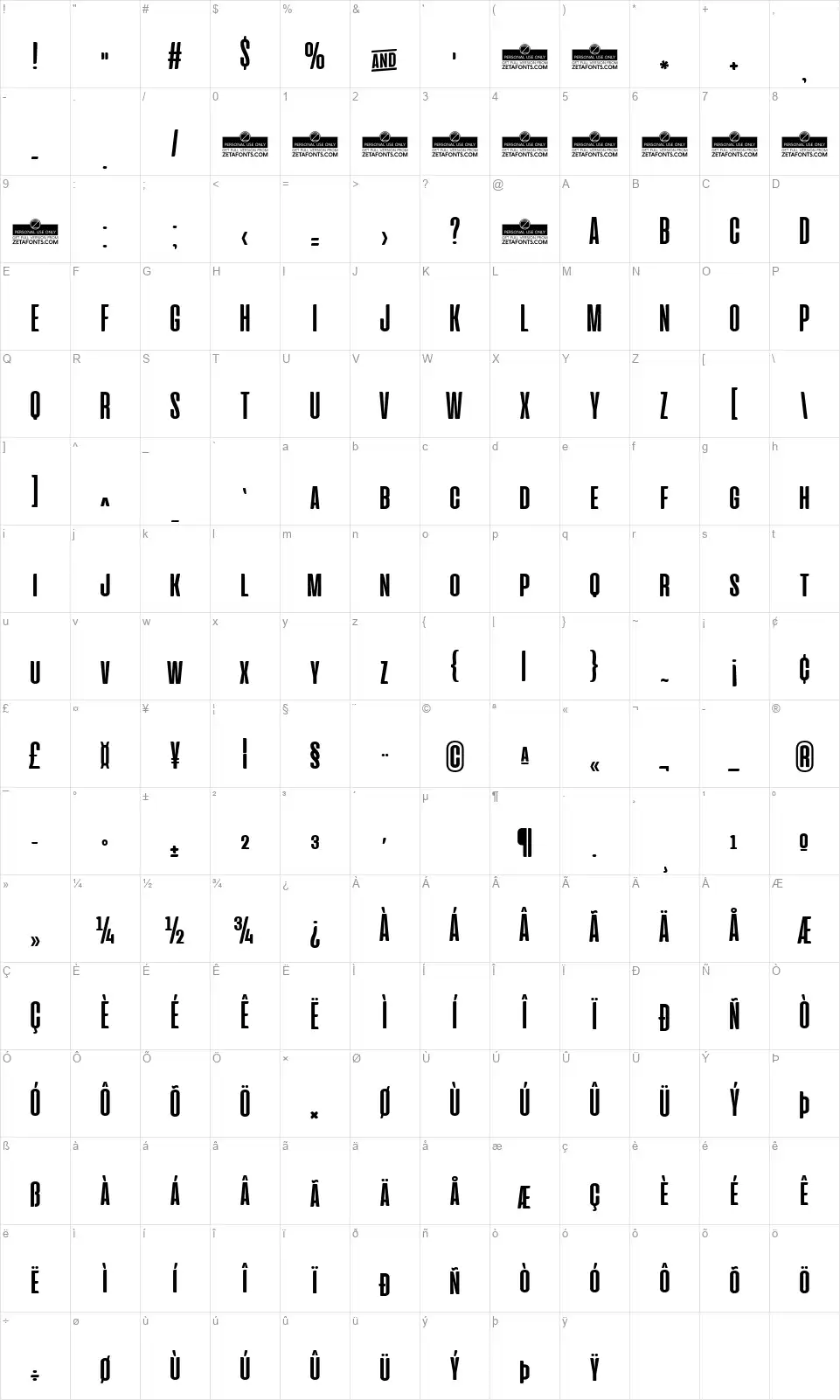 Cinematograficafont character map