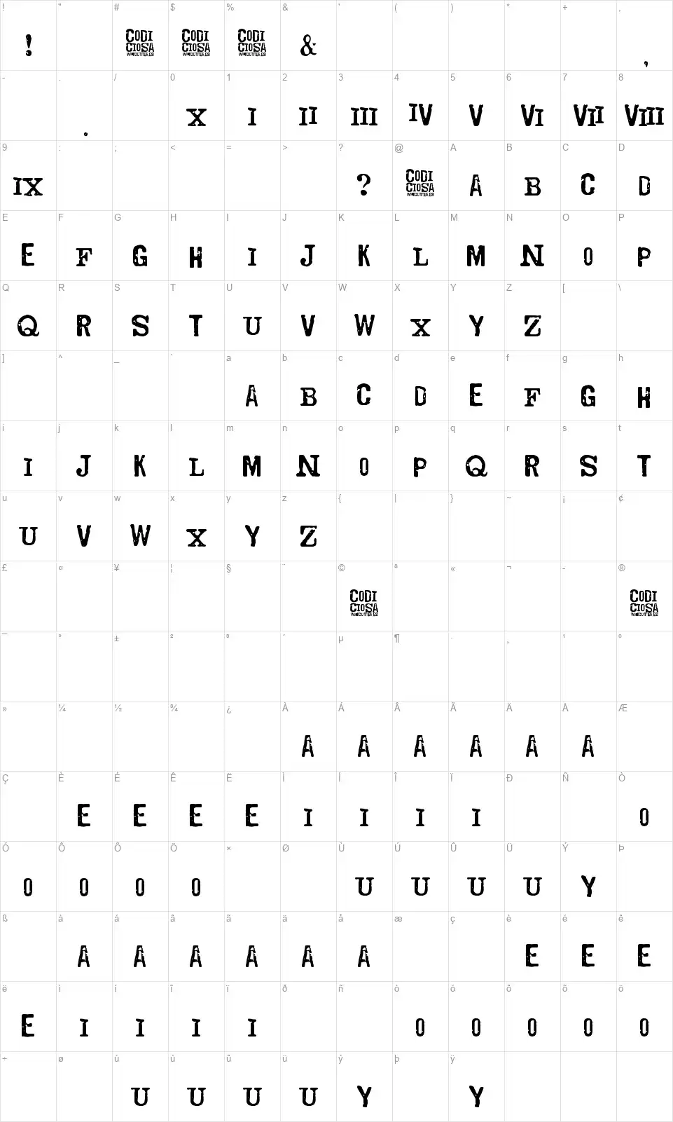 Codociosafont character map