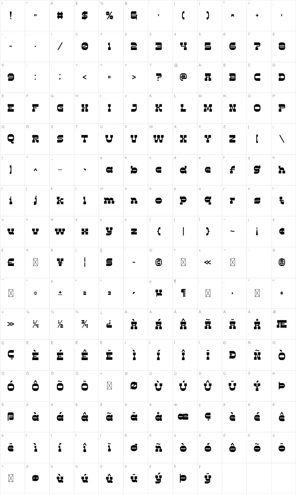 Comoz Table des caractères Comozfont character map