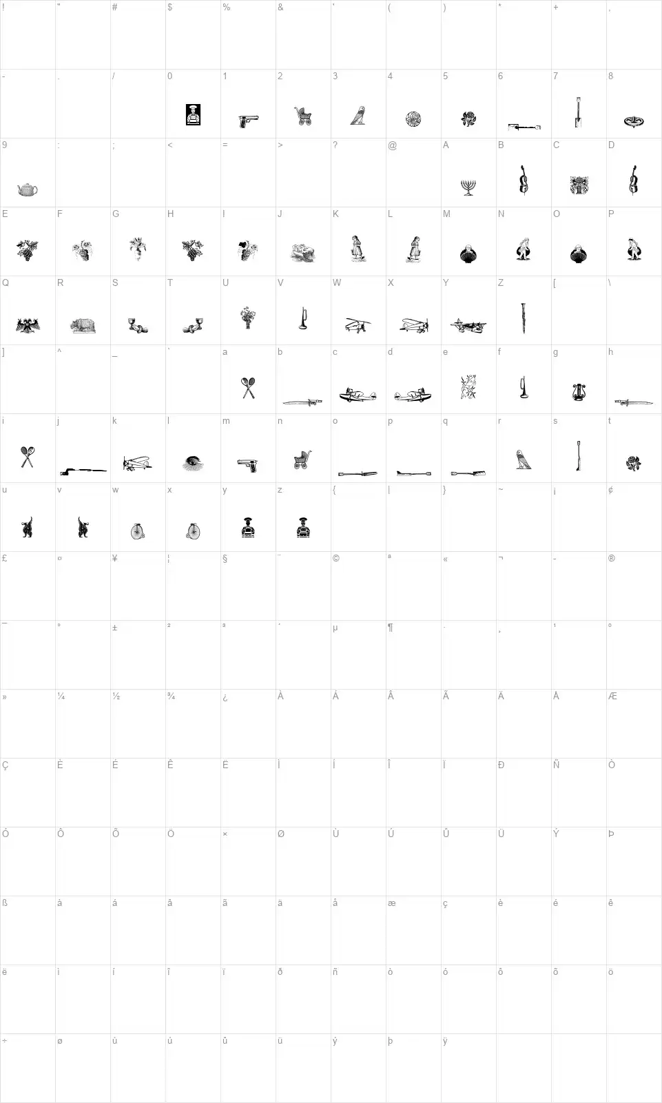 Cornucopia od Dingbats Sixfont character map