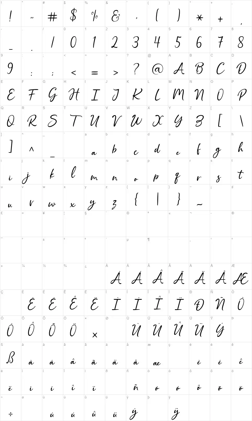 Cristalistic Scriptfont character map