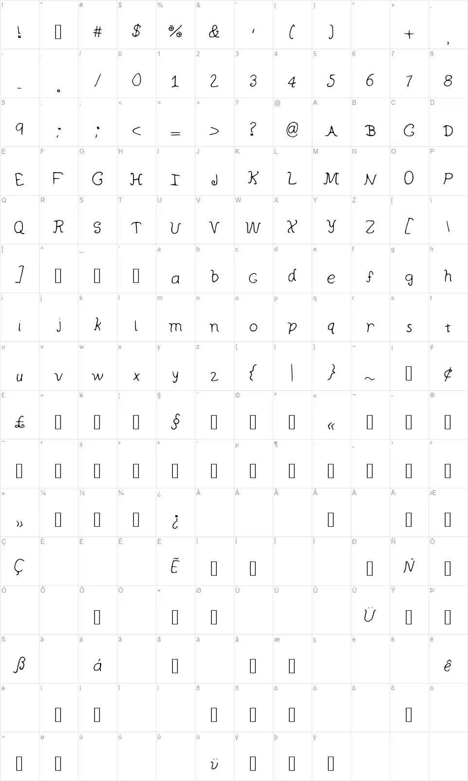 Curly Wurlyfont character map