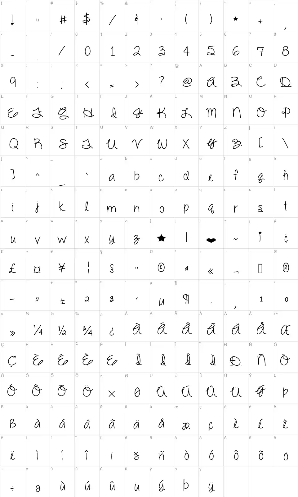 Dazzling Divasfont character map