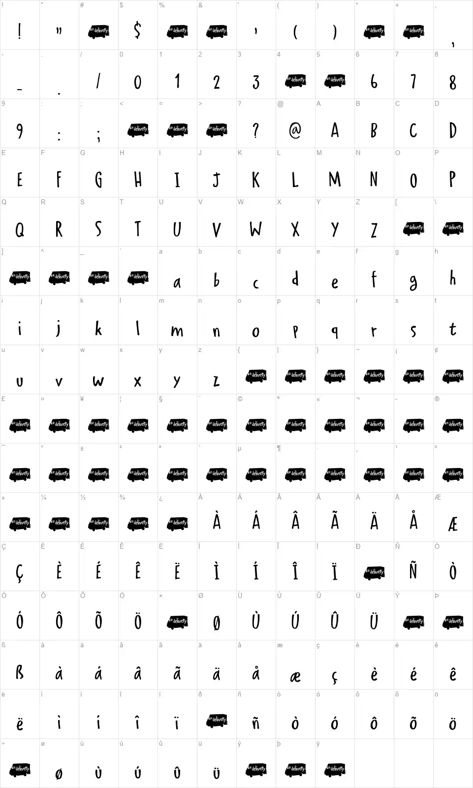 Delivery Notefont character map