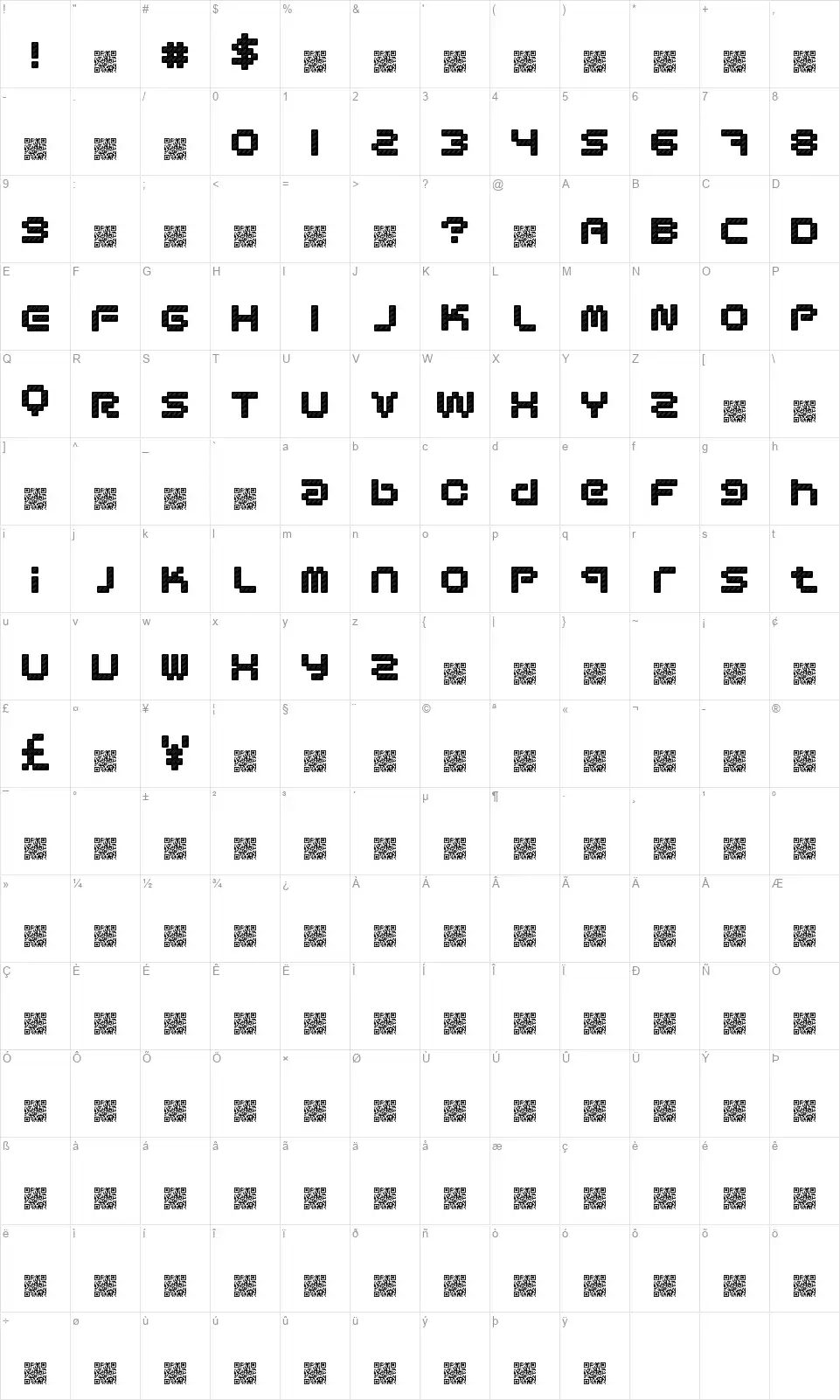 Designer Pixelsfont character map