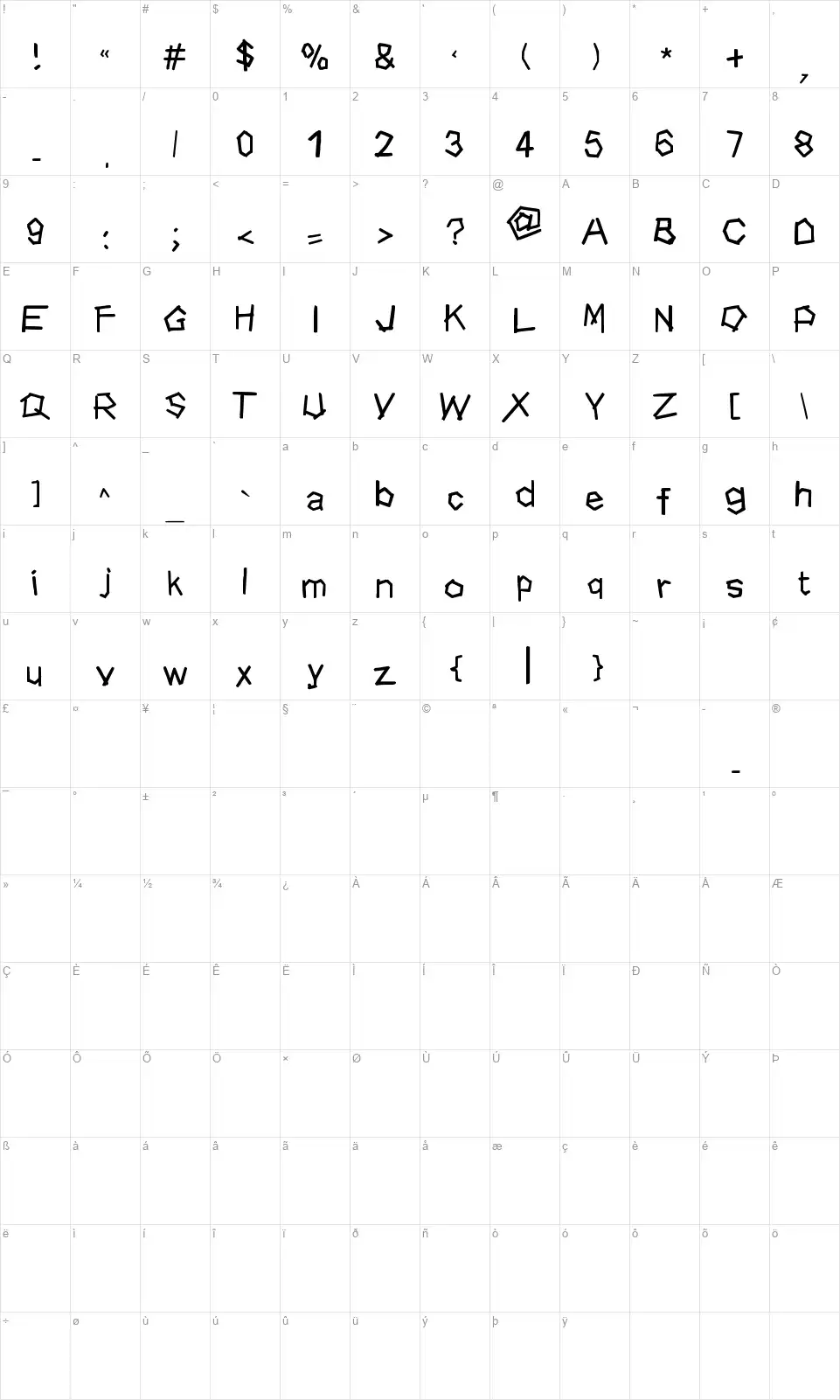 Dhe Woodfont character map