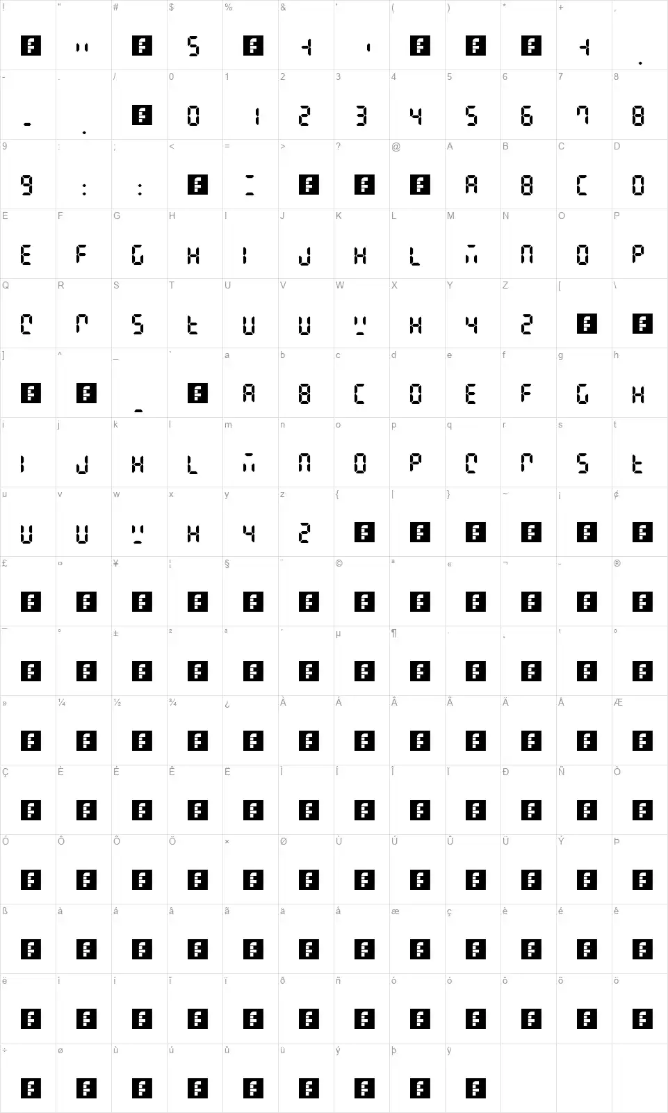 Digital Displayfont character map