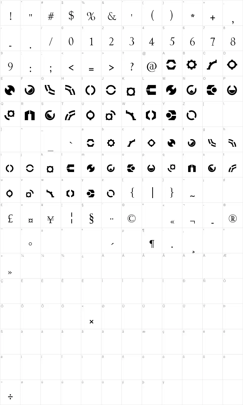 Dingbatronicfont character map