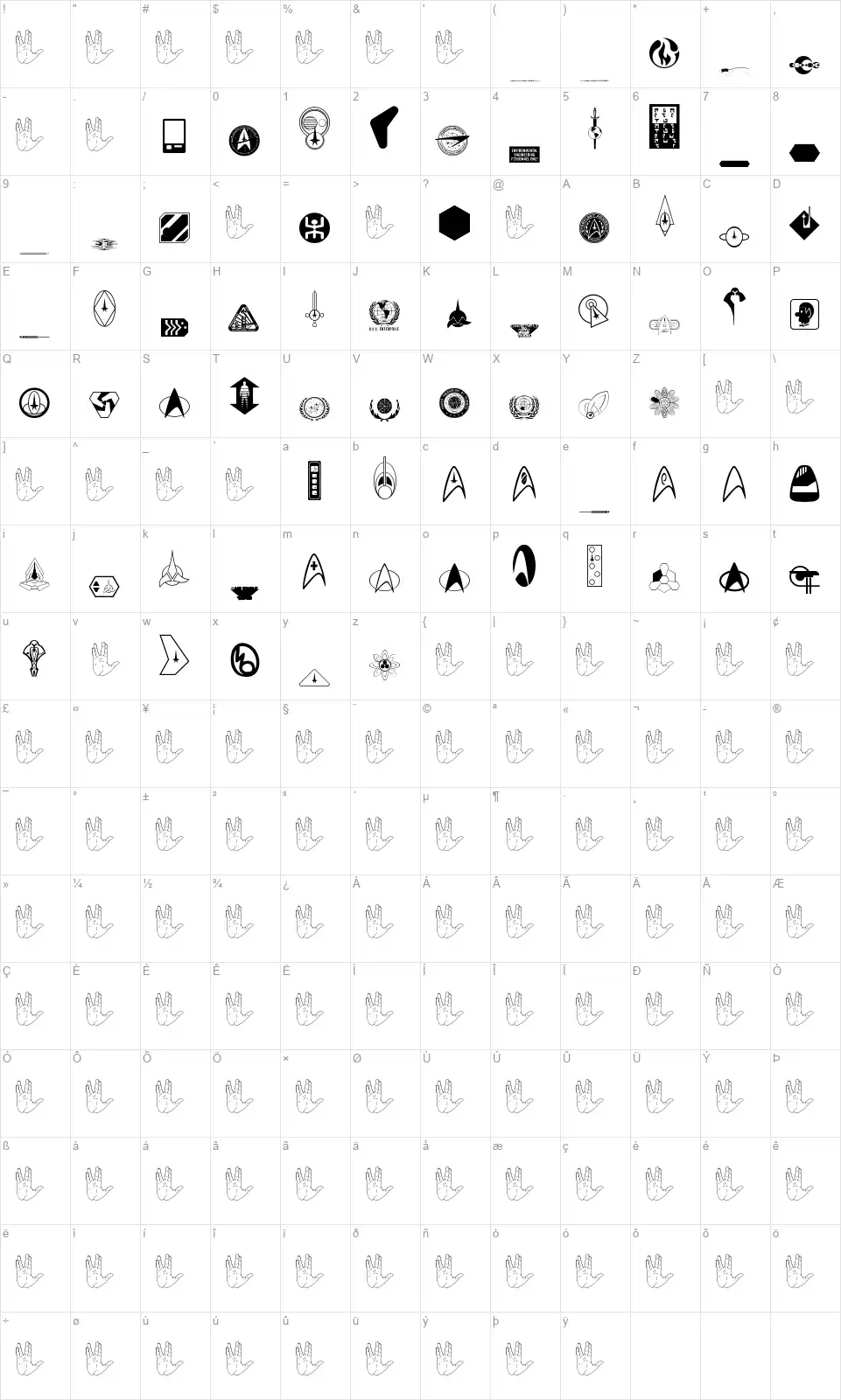 DingTrek IIfont character map