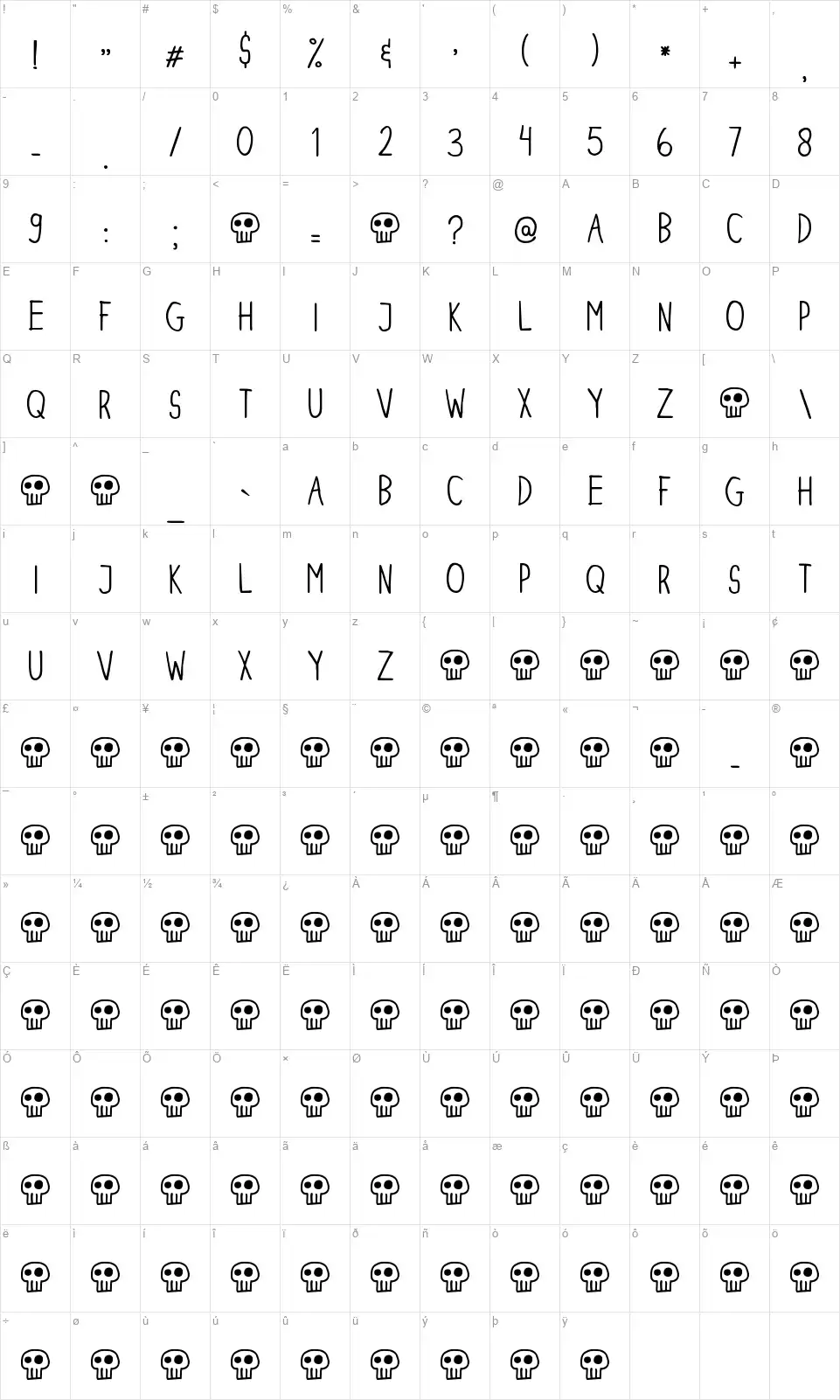 Dinski Casual Condensedfont character map