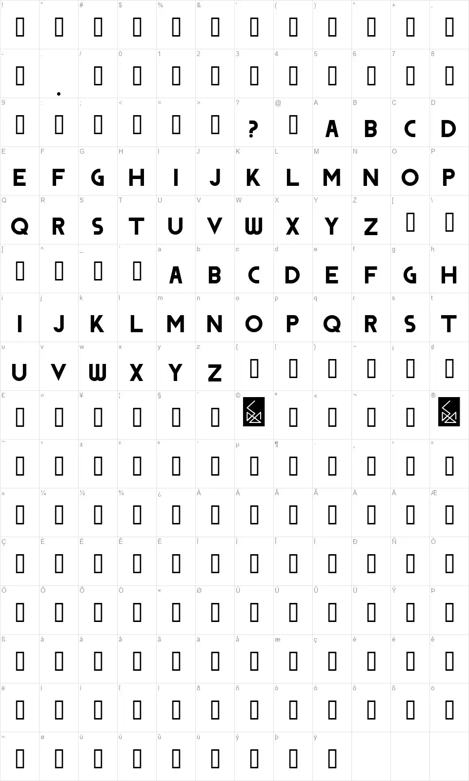 Dodgefont character map