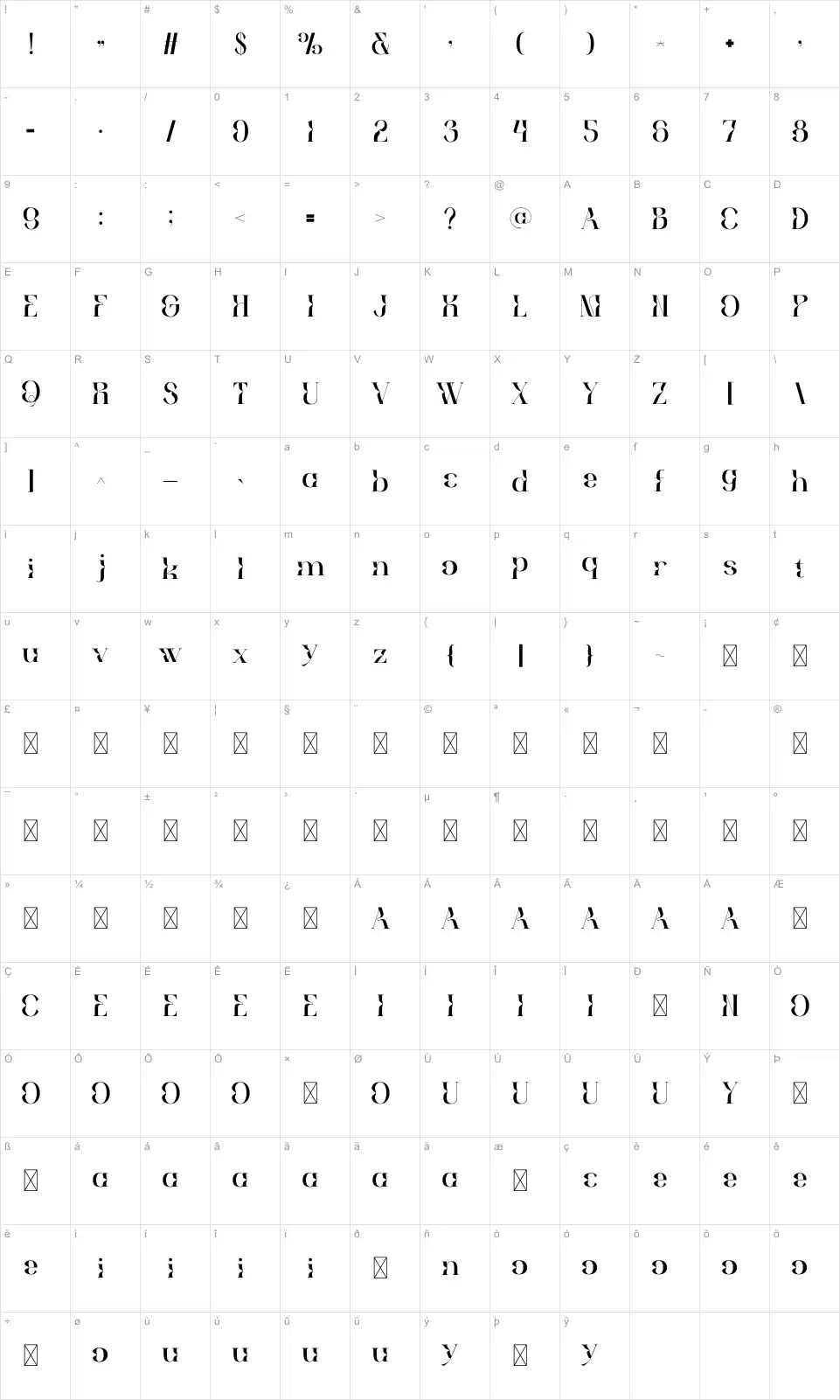 Dreamty Table des caractères Dreamtyfont character map