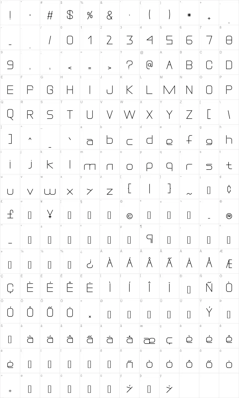 DREXS - Futuristic Typefacefont character map