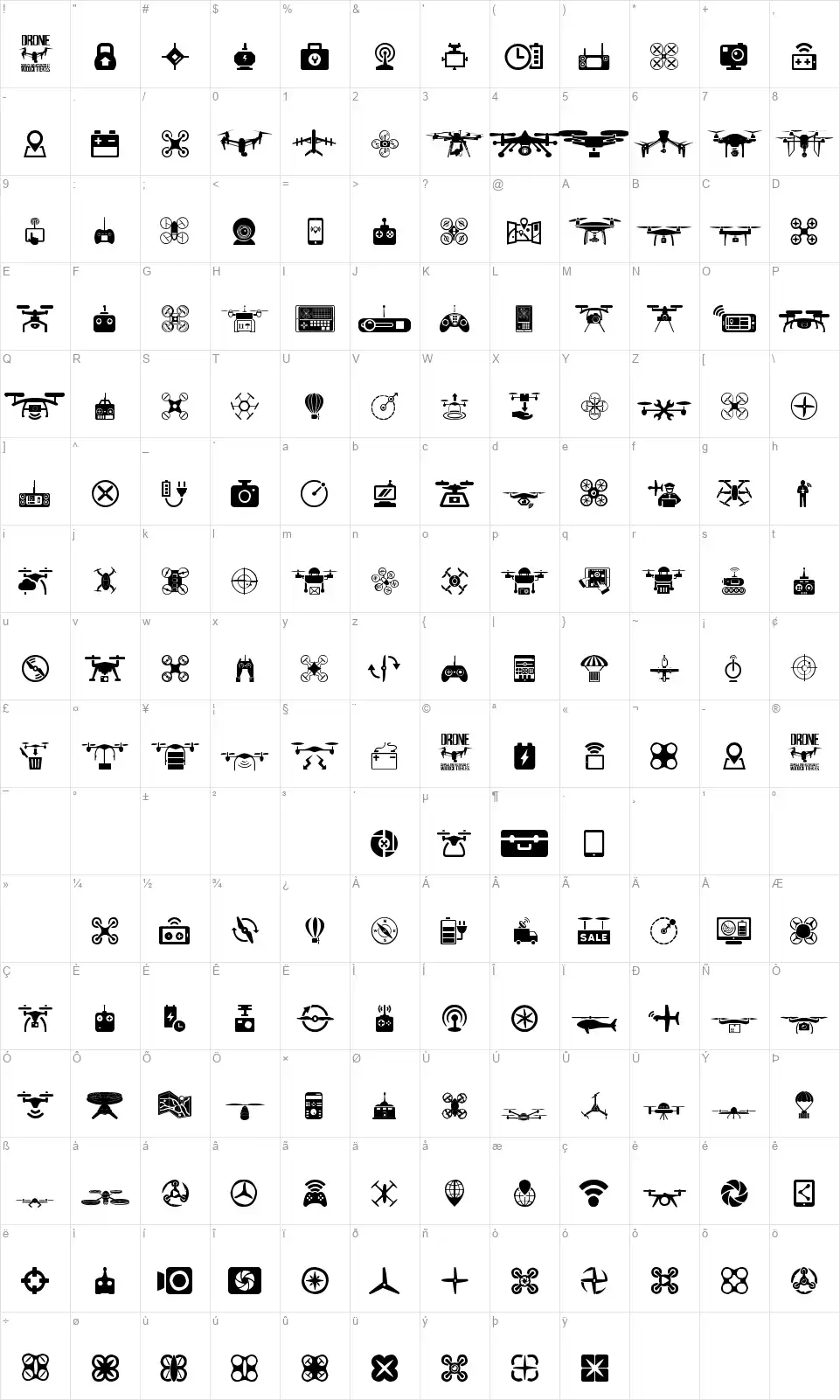 Dronefont character map