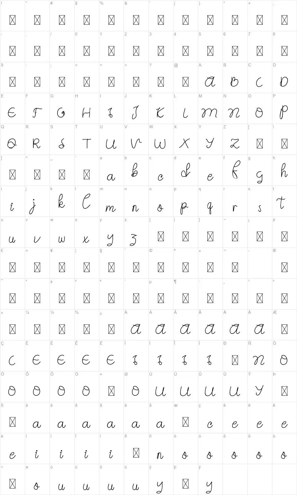 Eberta Scriptfont character map