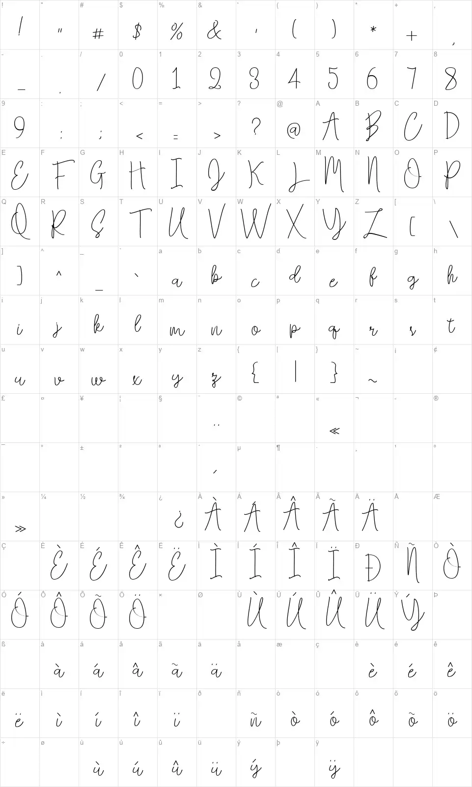 Falling Slowlyfont character map