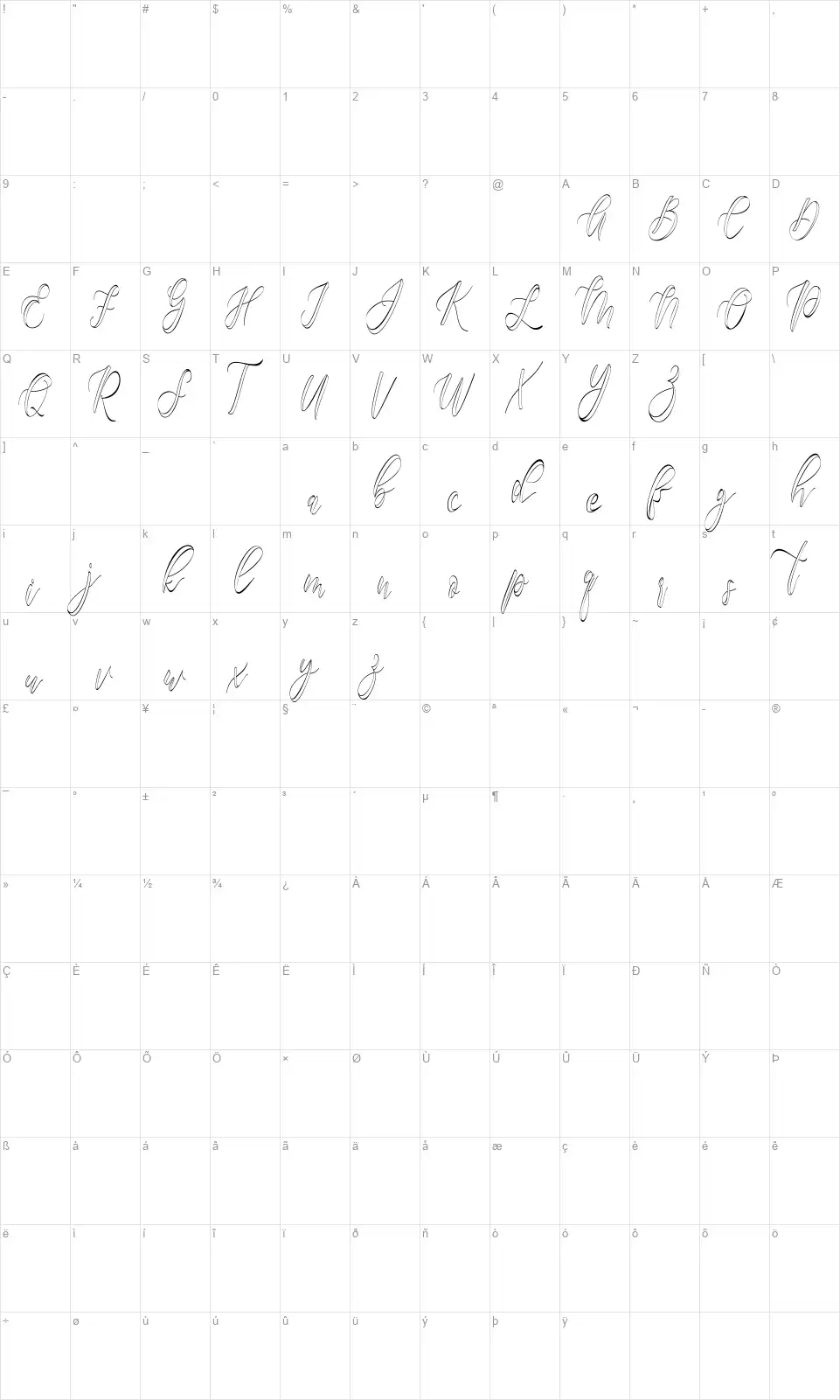 Fantasy Hollowfont character map