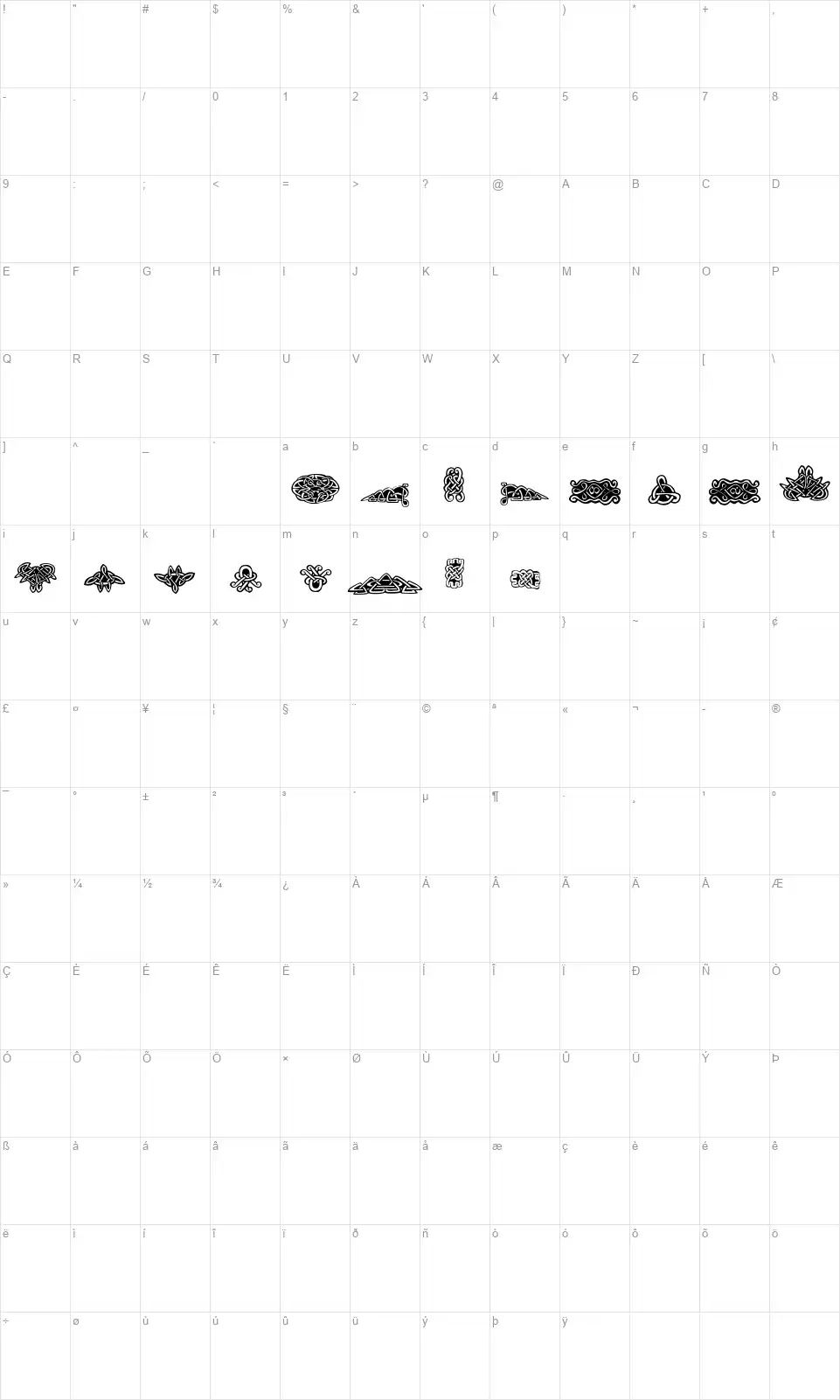 FE Tattoofont character map