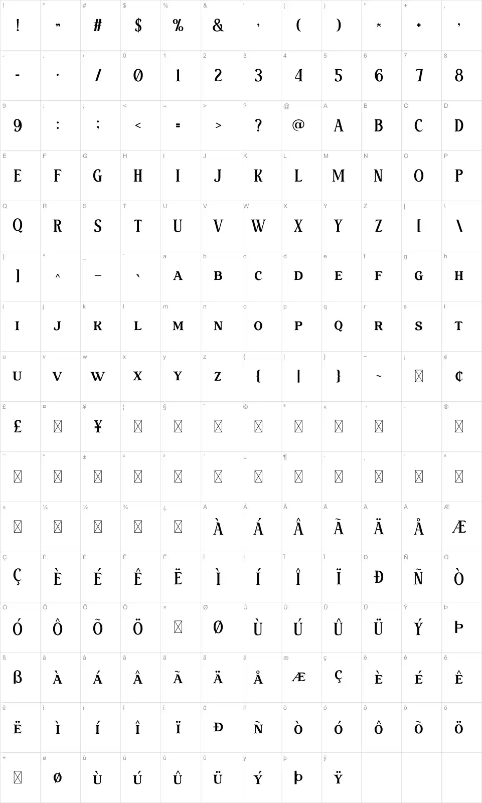 Flaviafont character map