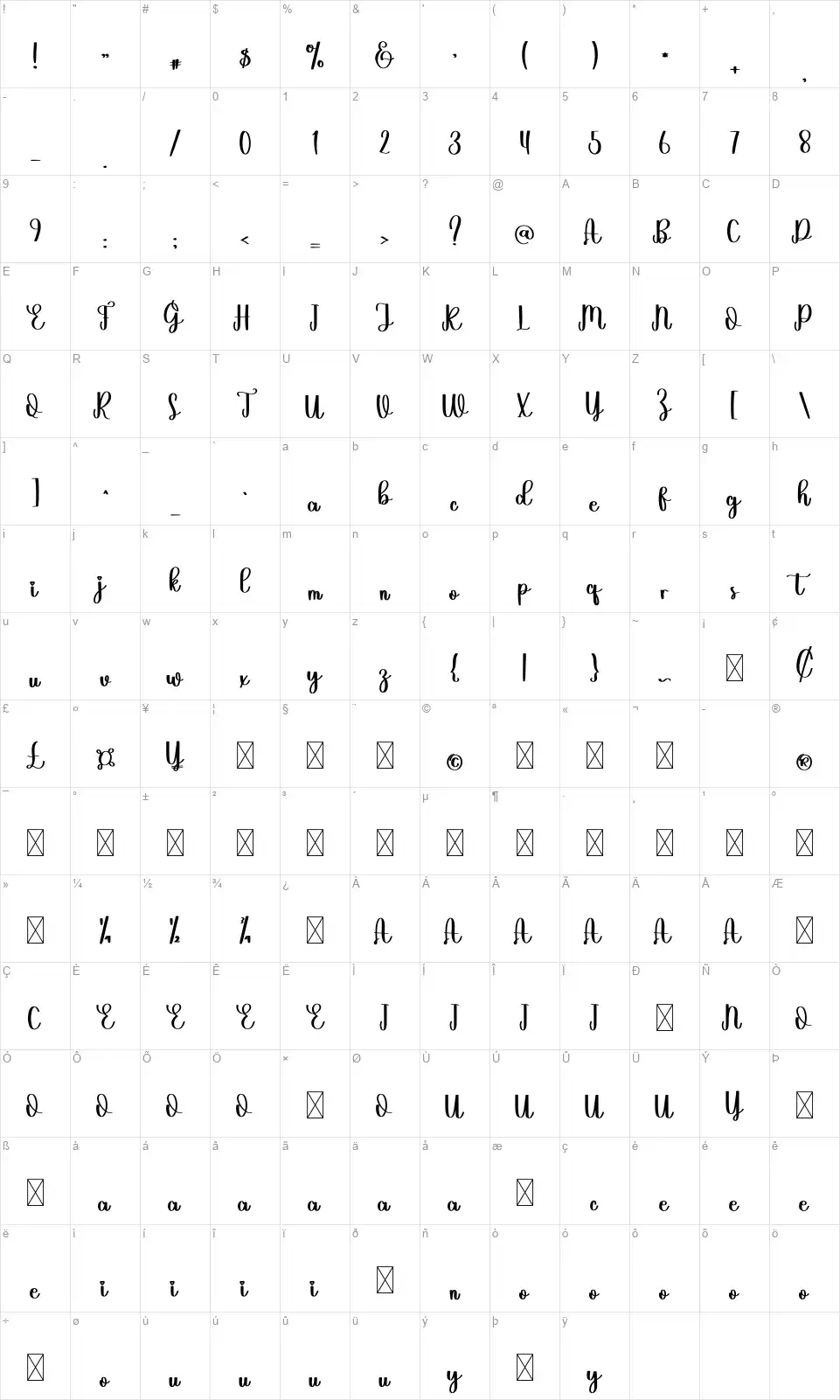 Flowertailfont character map