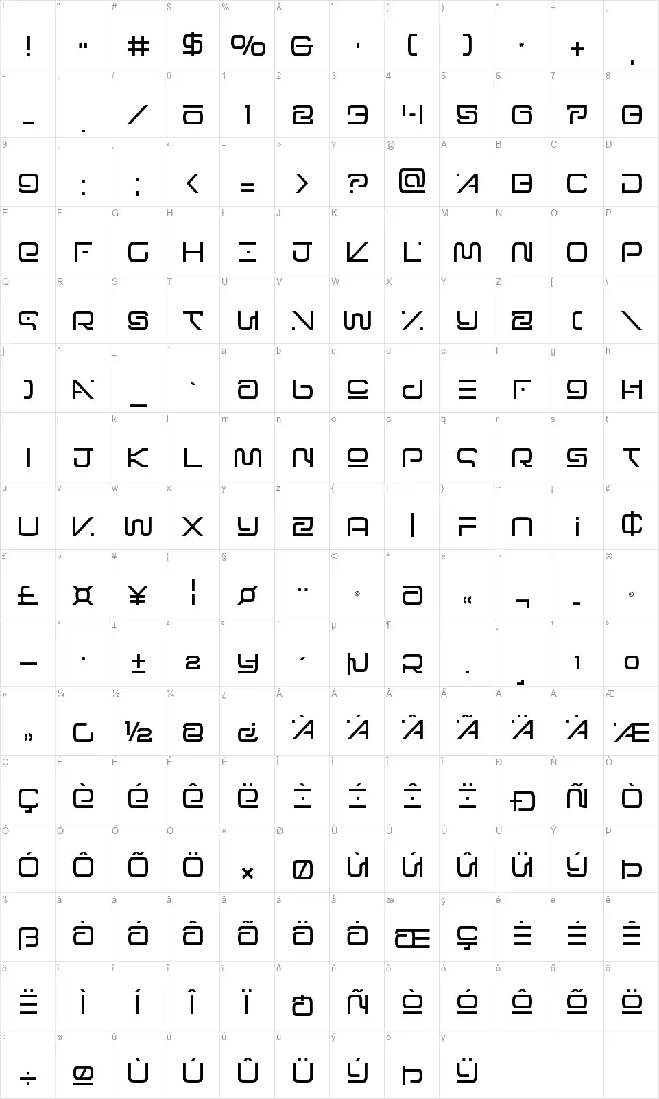 Foreign Alienfont character map
