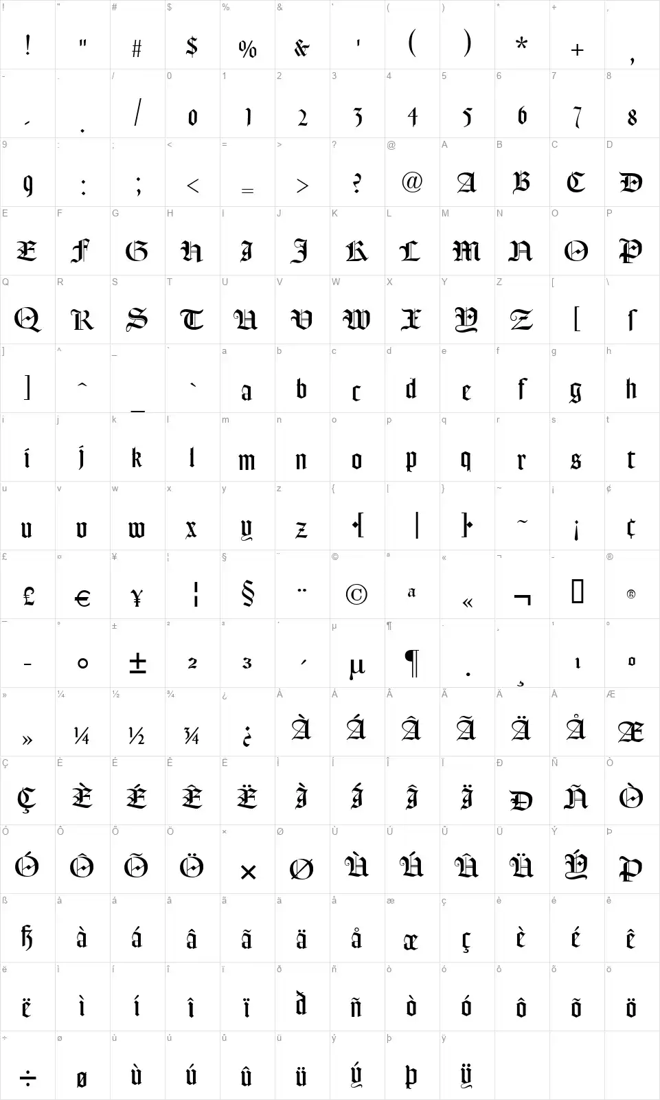 Frederick Textfont character map
