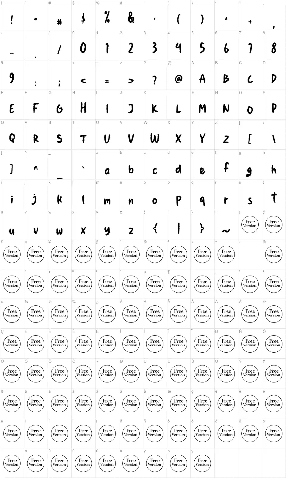 Fronzyfont character map