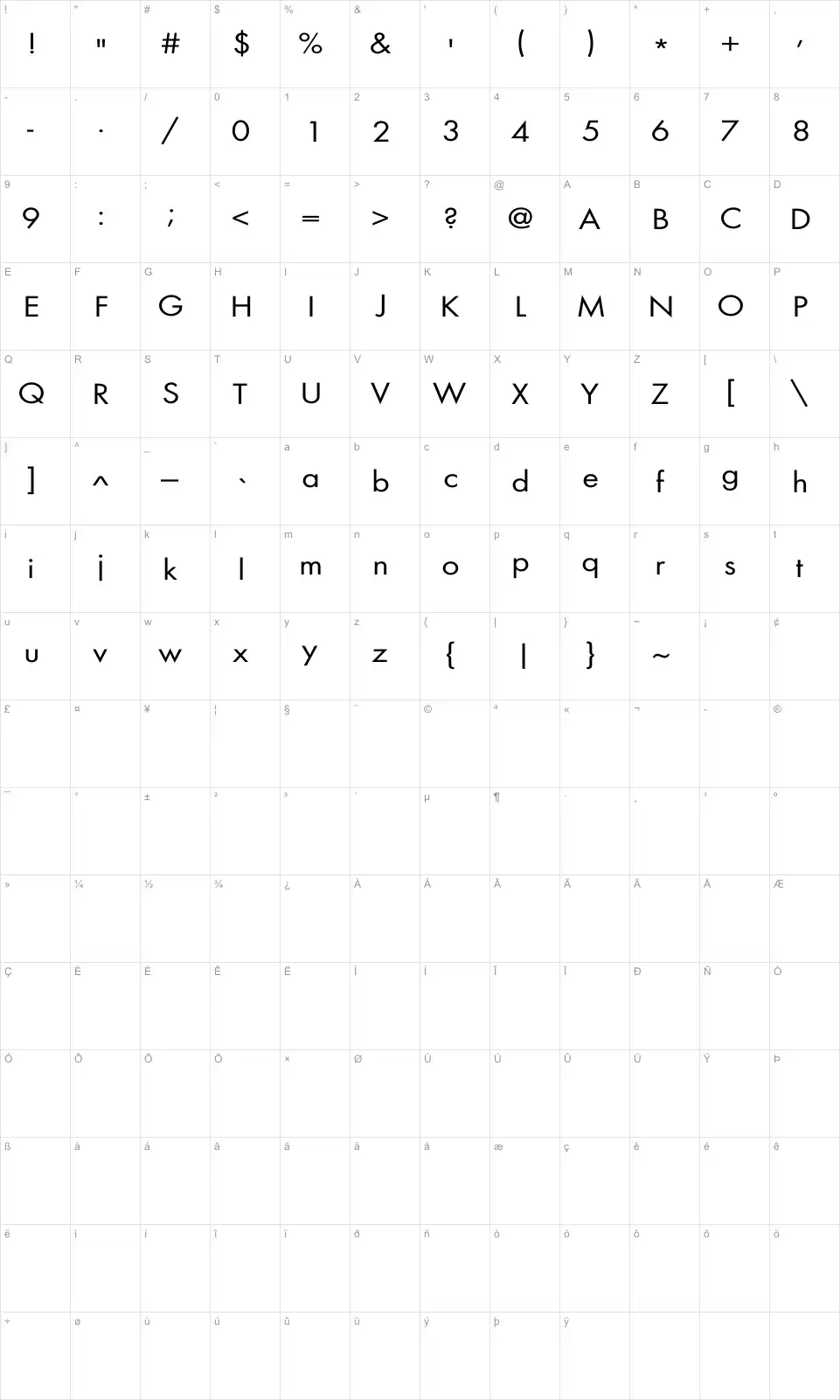 FuturaExtfont character map