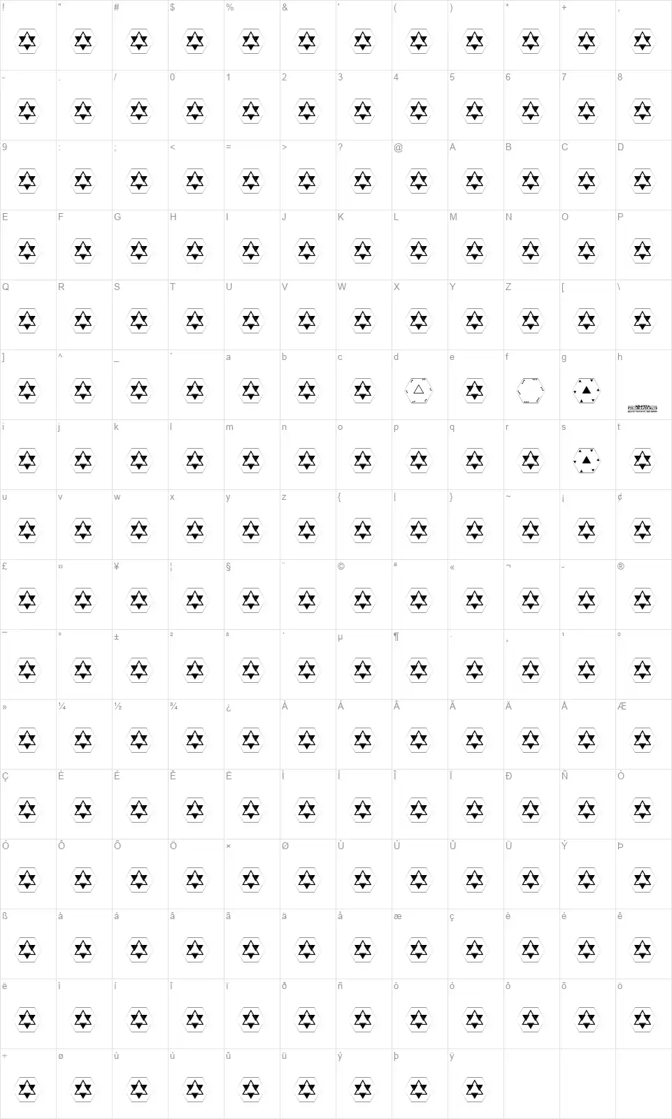 Galactica Pyramid Card Gamefont character map