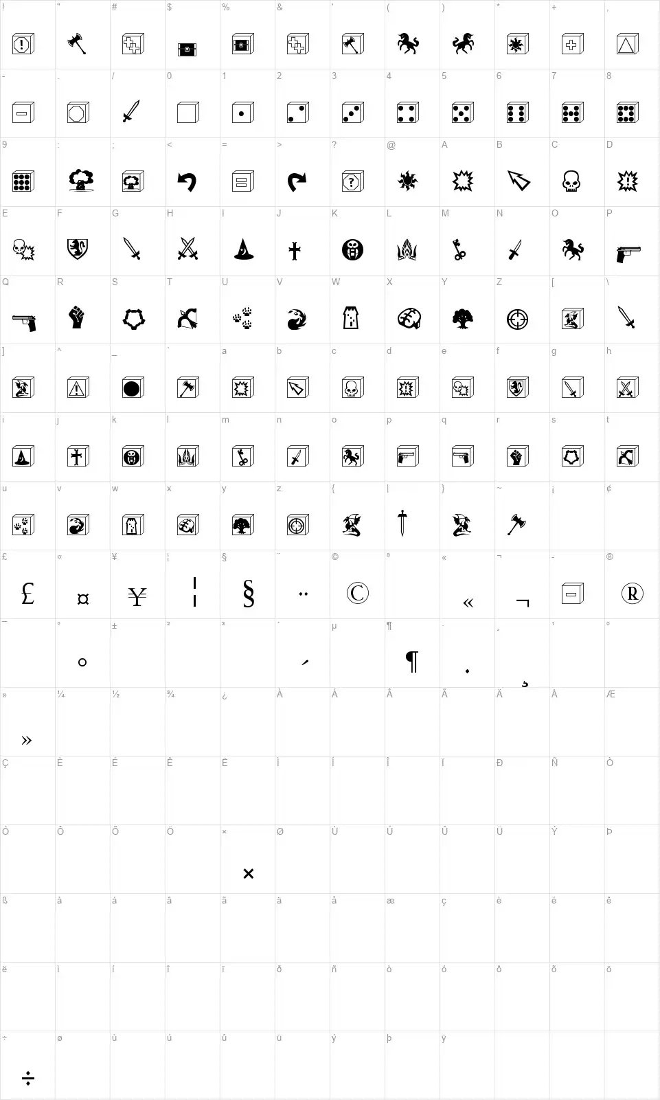 Gamedingsfont character map