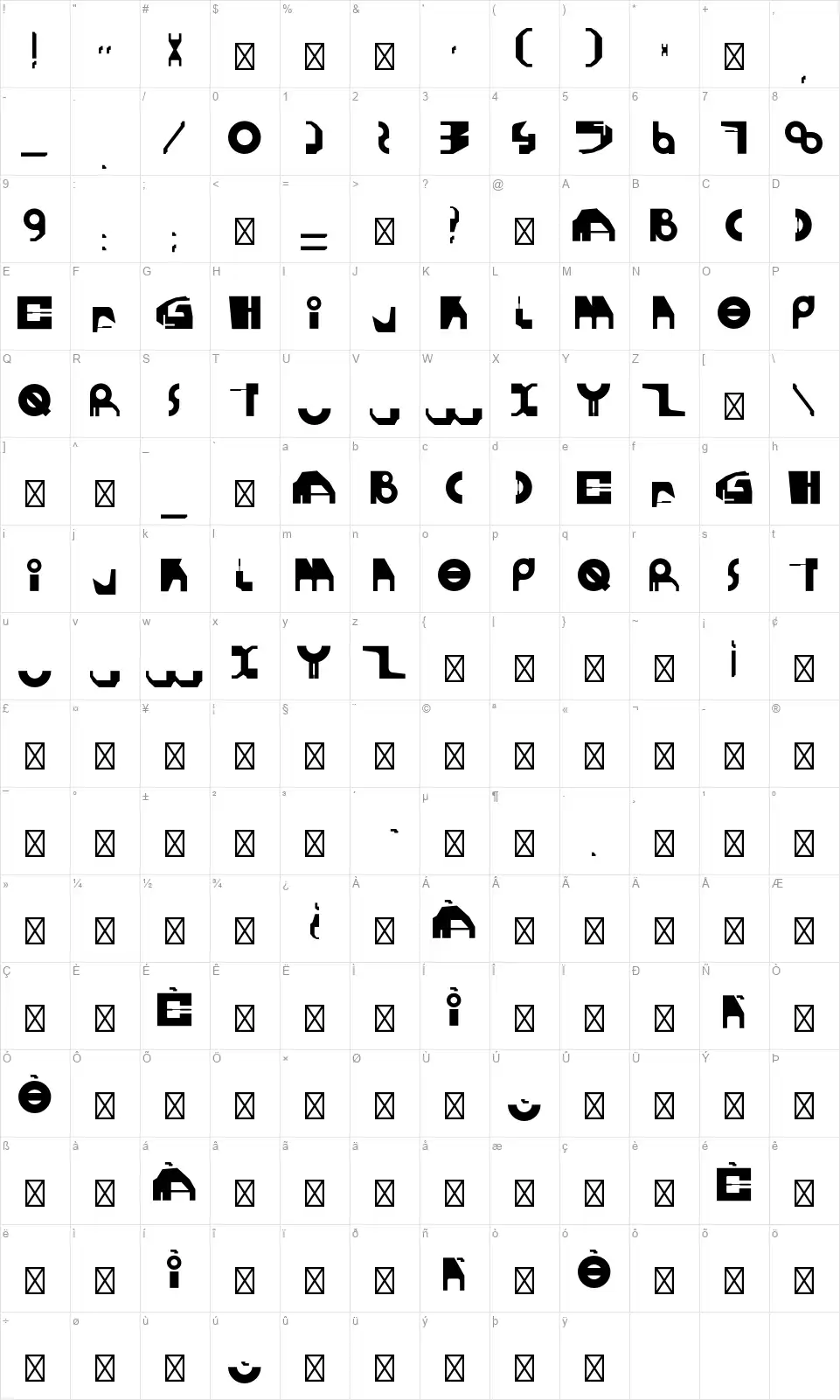 Gherotypefont character map