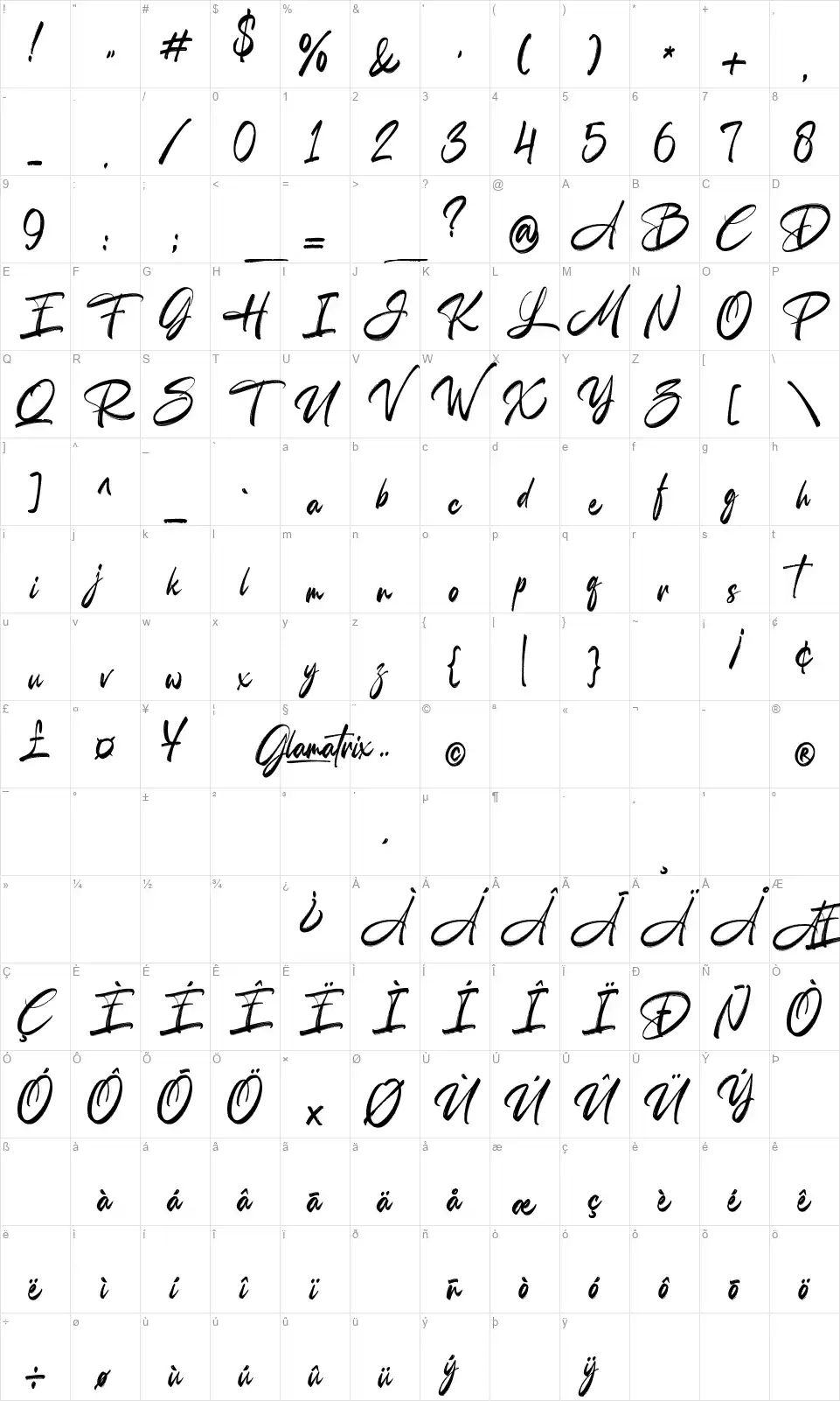 Glamatrixfont character map
