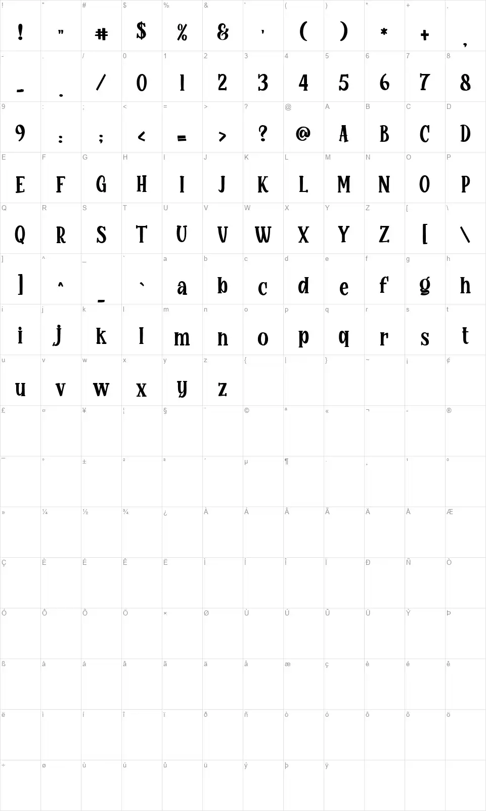 Glamy Sunrisefont character map