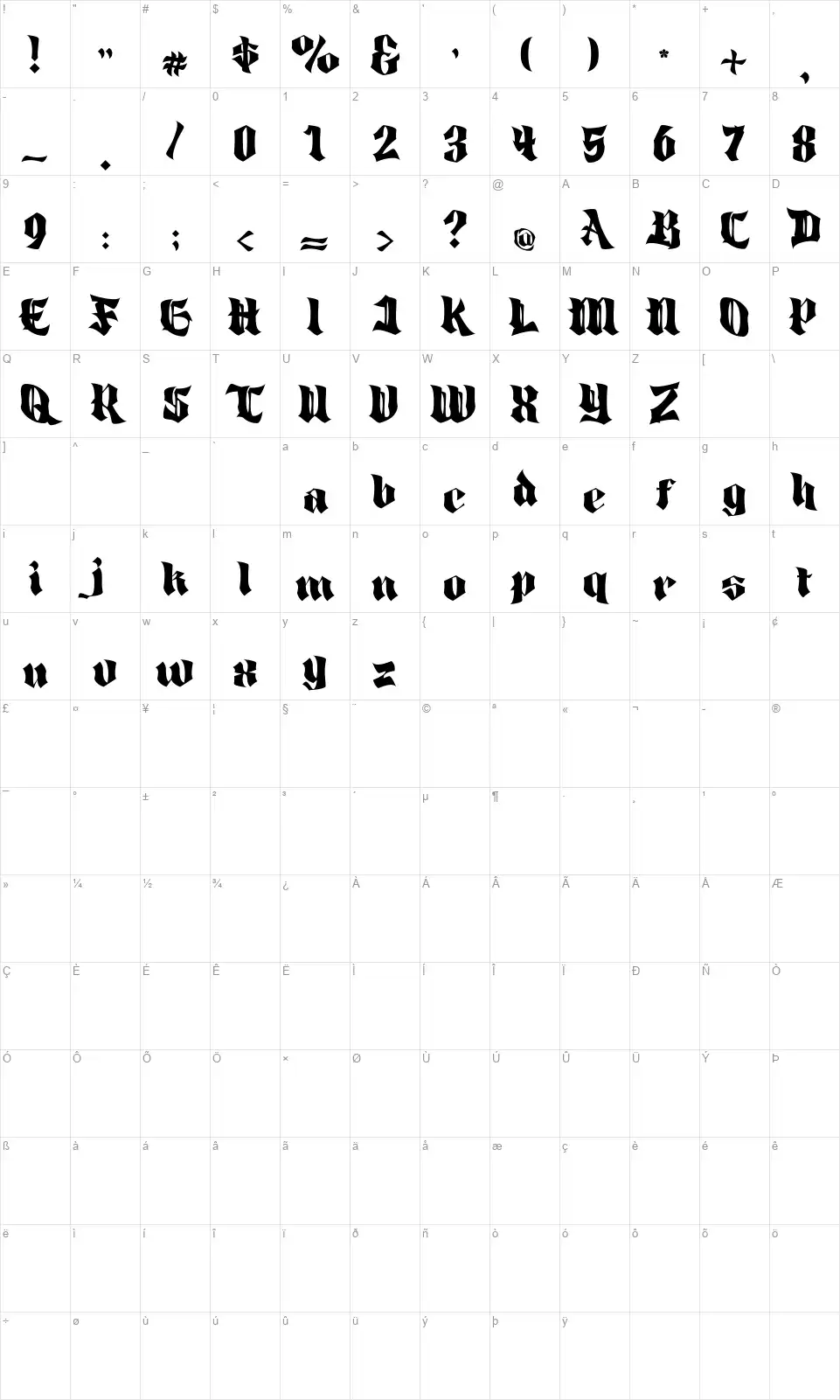 God Hellsfont character map