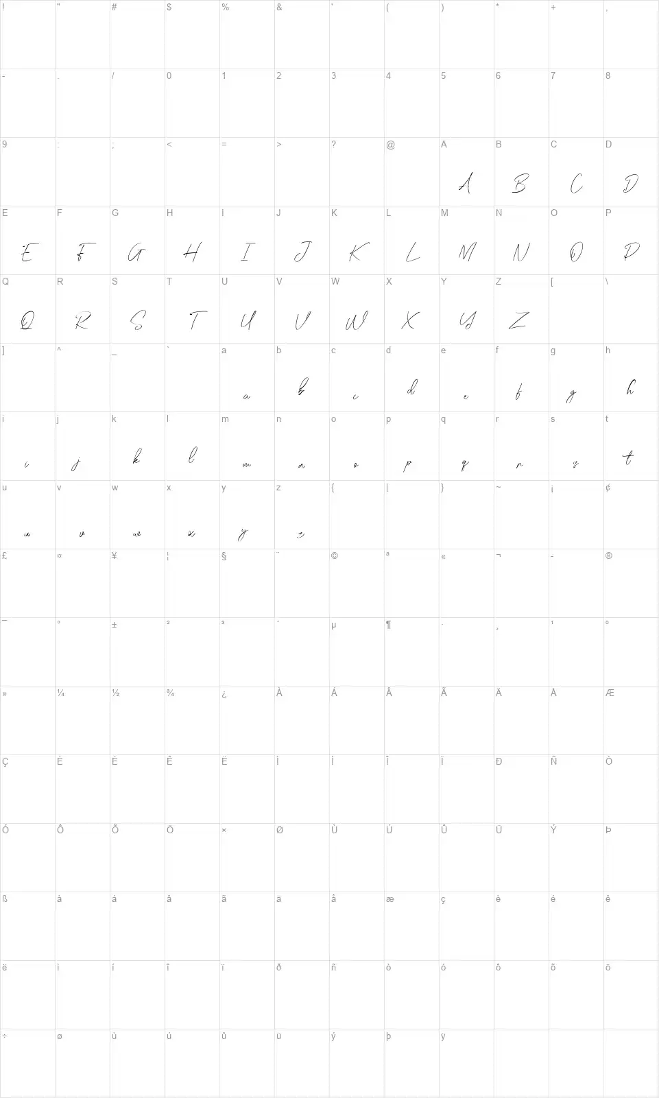 Greylorksfont character map