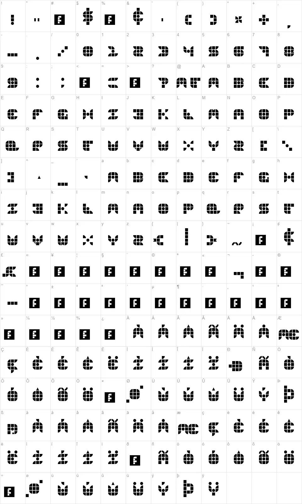 Gridderfont character map