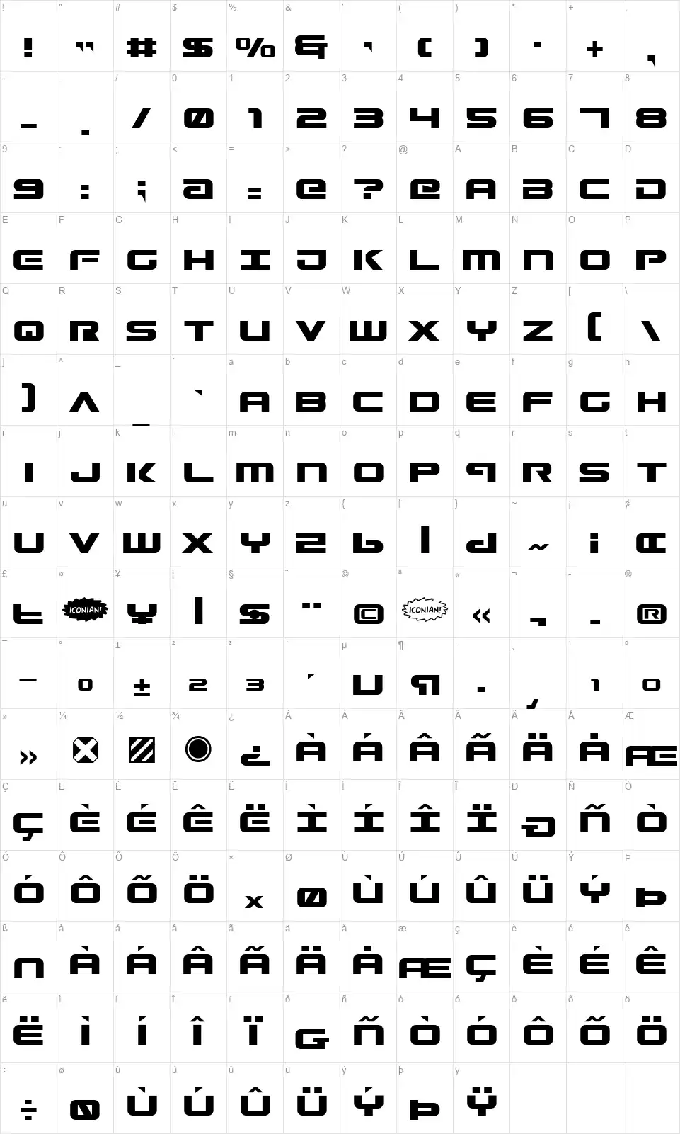 Gunshipfont character map