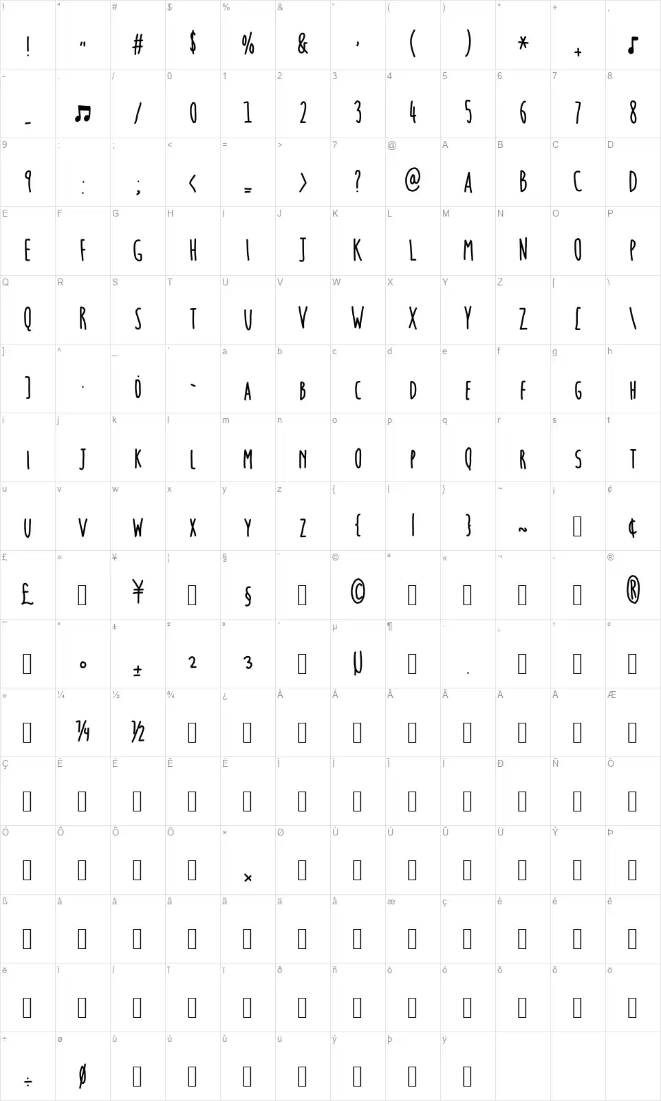 Hammers and Stringsfont character map