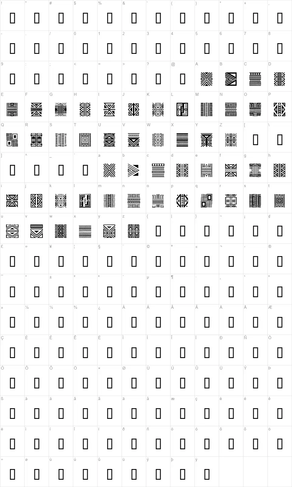 Haus Ethnik Dingbatsfont character map