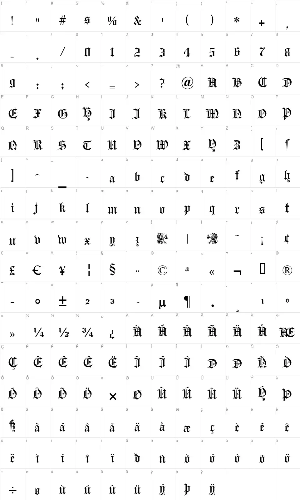 Headline Textfont character map
