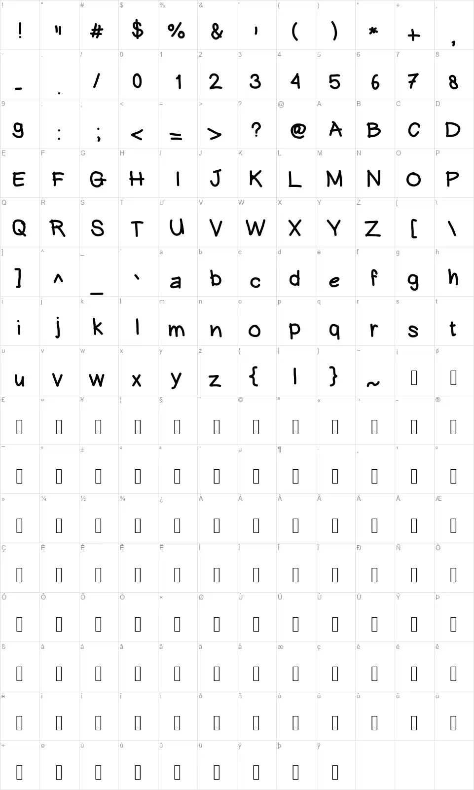 Hein Writingfont character map