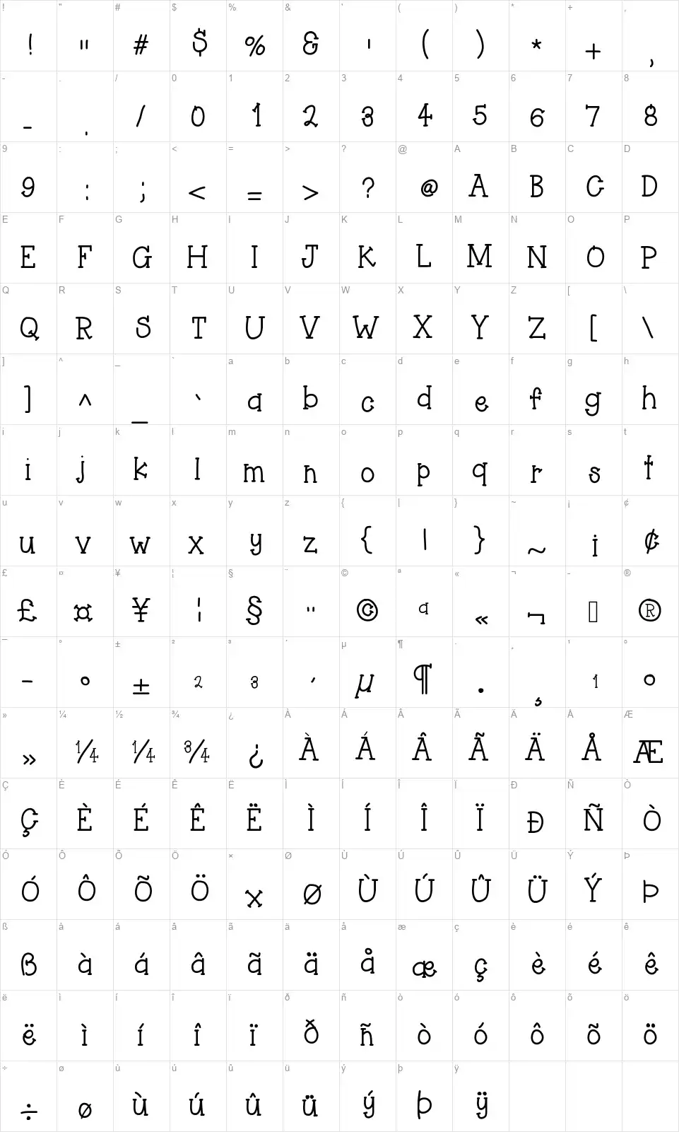 Hello Asparagusfont character map